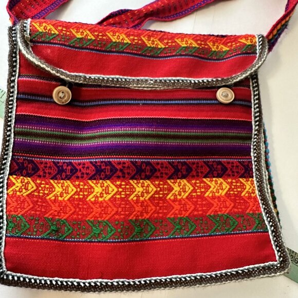 Handmade Multicolor Bohemian Red Shoulder Bag Button Crossbody Guatemalan - Picture 5 of 6
